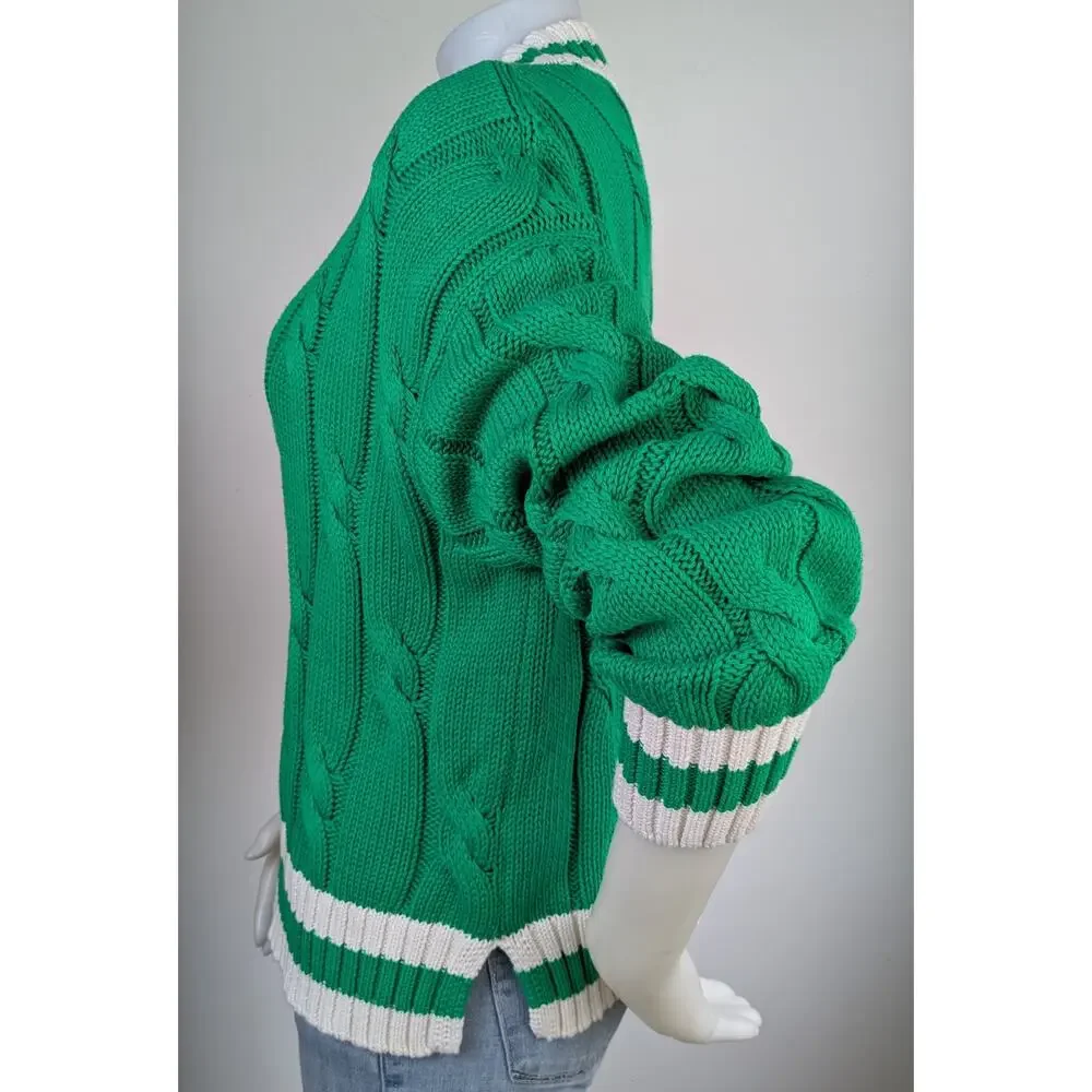 Aerie Cable Knit Sweater Medium Green White Striped V Neck Varsity Oversized